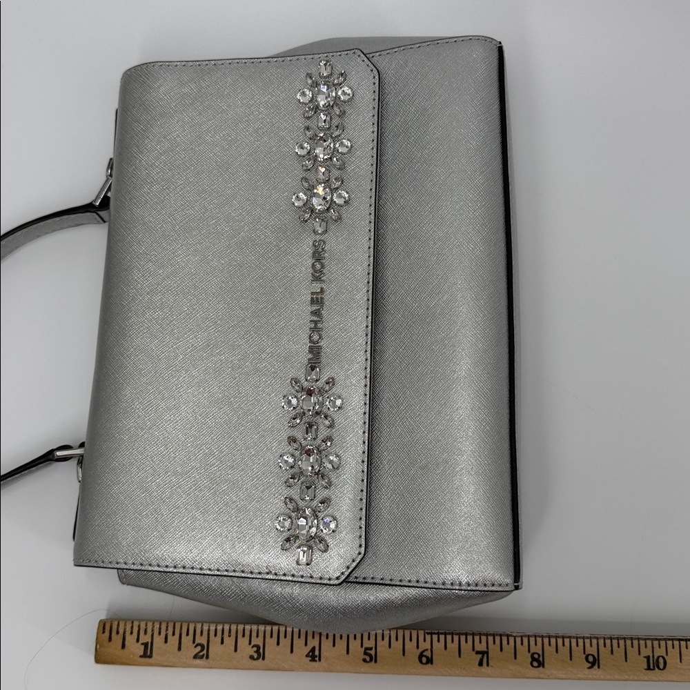 Michael Kors Silver Leather Small Ava Crystals Embellished Top Handle Bag Rare - Picture 9 of 12